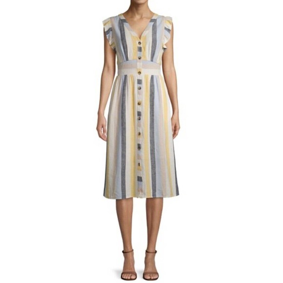 Time & Tru Linen Blend XXL (20) Dress Yellow White Flutter Sleeve Summer NEW F3 - Picture 8 of 8